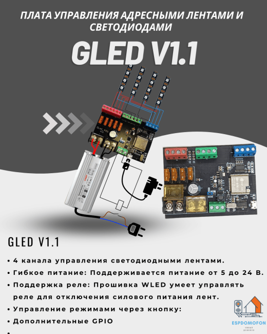 Плата для управления адресными лентами и светодиодами Gled v1.1
